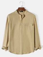 Mens Solid Color Half Button Seam Detail Long Sleeve Henley Shirts