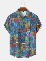 Mens Colorful Geometric Printed Buttons Short Sleeve Skin Friendly Shirts