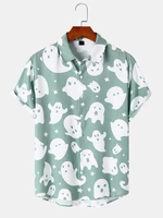 Mens All Over Cartoon Ghost Print Halloween Short Sleeve Shirts