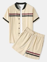 Mens Contrast Striped Baseball Collar Shirt Two Pieces Outfits