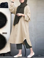 Women Retro Solid Color High Low Hem Loose Muslim Dress Kaftan Tunic
