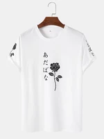 Men Japanese Characters & Rose Print Short Sleeve T-Shirts