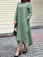 Solid Color Button Decoration Irregular Hem Casual Muslim Maxi Dress with Side Pockets