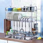 2 Tier Kitchen Over Sink Dish Drying Rack Stainless Steel Bowl Cutlery Drinkware Drainer Storage Shelf Iron Utensil Hold