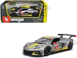 2020 Chevrolet Corvette C8.R 4 Silver Metallic with Yellow Stripes "Race" Series 1/24 Diecast Model Car by Bburago