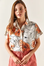 Olalook Women's Floral Orange Bat Linen Blend Shirt