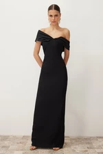 Trendyol Black Fitted Asymmetric Collar Poplin Detail Long Evening Dress