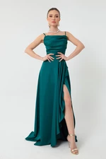 Lafaba Women's Green Ruffles and Slit Satin Evening & Prom Dress