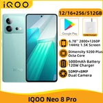 IQOO Neo 8 Pro 5G NFC Dimensity 9200 Plus Octa Core 6.78'' 144HZ AMOLED Screen 50MP Camera 5000mAh Battery 120W Fast Charger