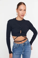 Trendyol Navy Blue Lace-Up Detailed Fitted/Skinned Crop Ribbed Stretch Knit Blouse