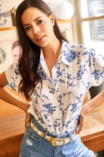 Olalook Women's White Blue Patterned Bat-woven Viscose Shirt