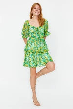 Trendyol Green Floral Skirt Flounce Skater/Waist Opening Chiffon Mini Lined Woven Dress