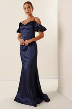 By Saygı Lined Long Satin Dress With Rope Straps Low Sleeves and Tie Back Parlament