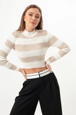 Lafaba Women's Beige Striped Lycra Crop Knitwear Sweater