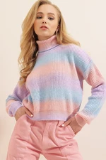 Bigdart Women's Pink Blue Turtleneck Gradient Colored Crop Sweater