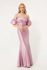 Lafaba Women's Lilac Rope Straps Low-Sleeve Long Satin Evening Dress for Women
