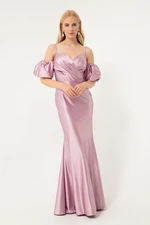 Lafaba Women's Lilac Rope Straps Low-Sleeve Long Satin Evening Dress for Women