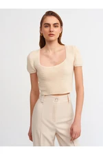 Dilvin 10164 Square Neck Short Sleeve Sweater with Lace-Up-Natural