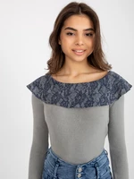 Grey and dark blue blouse with lace boat neckline