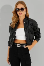 Cool & Sexy Women's Black Faux Leather Short Bomber Jacket LST57