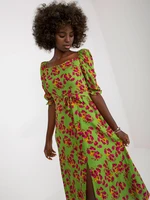 Light green midi dress with flowers with slit