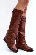 Women's flat boots with a ruffled upper, brown Tercella