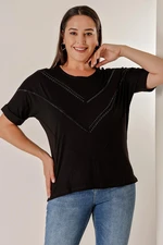 By Saygı Plus Size Blouse with Bat Short Sleeves and Stone Print on the Front.