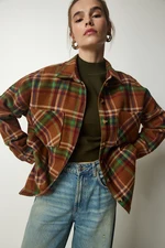 Happiness İstanbul Women's Biscuit Green Patterned Oversize Cachet Lumberjack Shirt