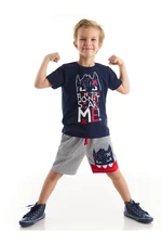 Denokids Fearless Monster Boys Navy Blue T-shirt with Gray Shorts Set.