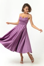 Lafaba Women's Lavender Slim Straps Midi Satin Evening Dress.