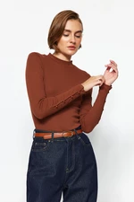 Trendyol Brown Buttoned Ribbed Stand Collar Fitted/Situated Cotton Knitted Blouse