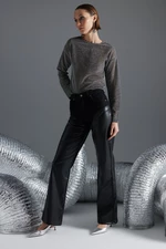 Trendyol Black Leather Detailed High Waist Wide Leg Jeans
