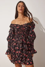 Happiness İstanbul Women's Black Floral Layered Frilly Mini Summer Dress