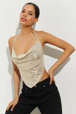 Cool & Sexy Women's New Year Gold Color Low-cut Back Collar Crop Blouse B1985