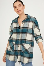By Saygı Bat Sleeve Pocket Stamped Plaid Shirt Oil Blue