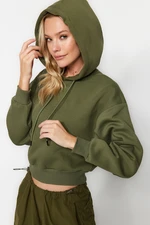 Trendyol Khaki Thick Fleece Hooded Comfort-Cut Crop Basic Knitted Sweatshirt