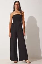 Happiness İstanbul Women's Black Strapless Viscose Woven Overalls