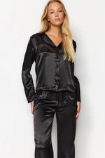 Trendyol Black Satin With Mesh Detail On The Chest Shirt-Pants Weave Pajamas Set Trendyol Black Satin With Mesh Detail On The Chest Shirt-Pants Weave Pajamas Set
