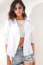 Olalook Women's White Wrapover Collar Zippered Gabardine Cotton Jacket