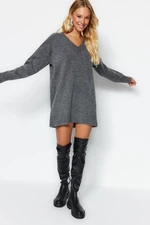 Trendyol Anthracite Mini Knitwear Soft Textured V Neck Dress