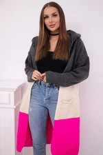Striped hooded sweater graphite + beige + pink neon