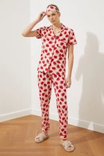 Trendyol Pink Cotton Piping Detailed Strawberry Patterned Knitted Shirt-Pants Pajamas Set