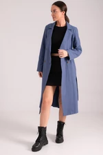 armonika Women's Dark Blue Double Breasted Collar Waist Belted Long Trench Coat