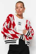 Trendyol Red Soft Textured Lozenge Patterned Knitwear Cardigan