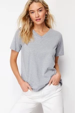 Trendyol Gray Melange 100% Cotton Basic V-Neck Knitted T-Shirt