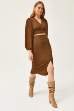Olalook Women's Brown Slit Skirt Knitted Suit