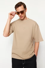 Trendyol Premium Mink Oversize/Wide-Fit Textured Waffle Fluffy Text Printed T-Shirt