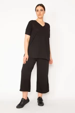 Şans Women's Black Camisole Set With Knitted Elastic Waist, Wide Legs Trousers and a V-neck Blouse Suit