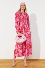 Trendyol Red Floral Printed Plus Size Gimped Woven Dress