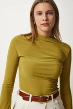 Happiness İstanbul Women's Oil Green Gathered Detailed High Neck Sandy Blouse